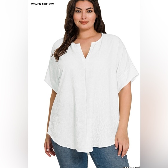 New! Plus Size Off White Woven airflow split neck short sleeve top Size 1X 2X 3X - Picture 1 of 4